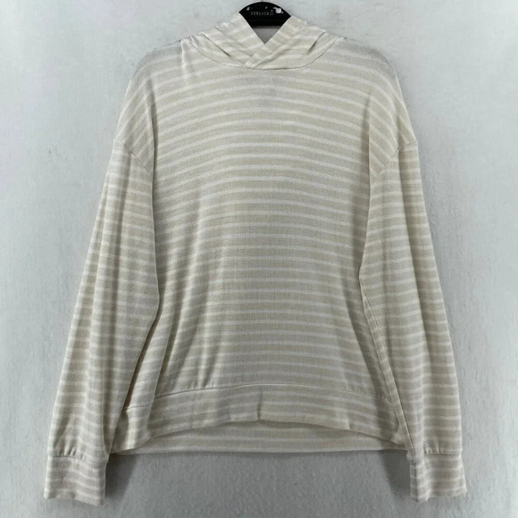 A New Day Sweatshirt Womens Sz L Oatmeal Beige Striped Stretch Pullover Hoodie - Picture 1 of 12